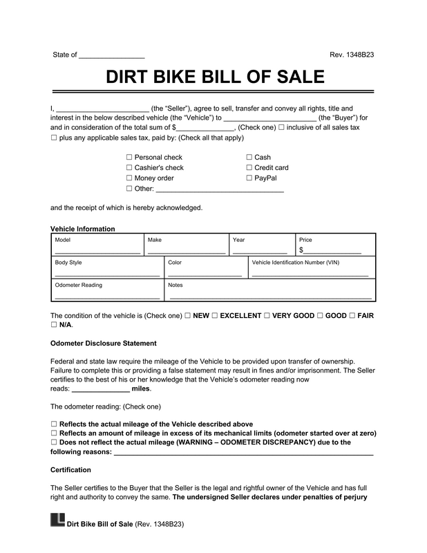 Motorcycle Bill of Sale Type